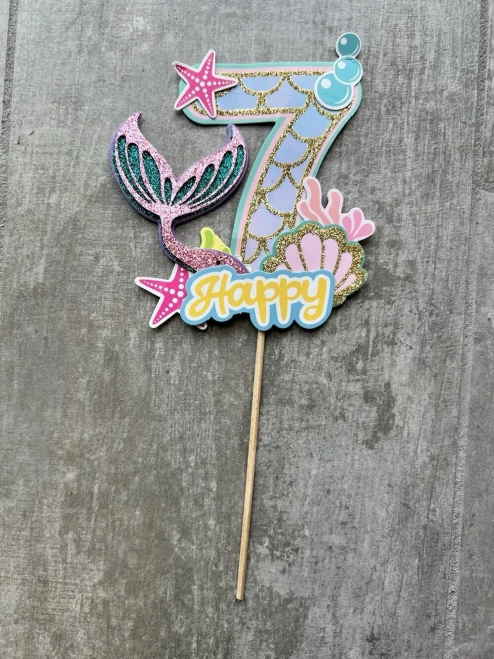1 PCS Mermaid 7th Happy Birthday Cake Topper Glitter Decoration Party NEW